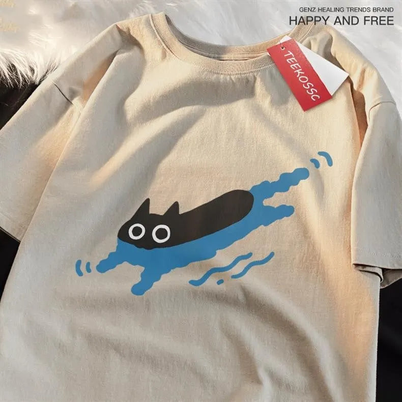 Women's plus size black cotton short sleeve t-shirt with a diving cat print, shown in a straight regular fit.