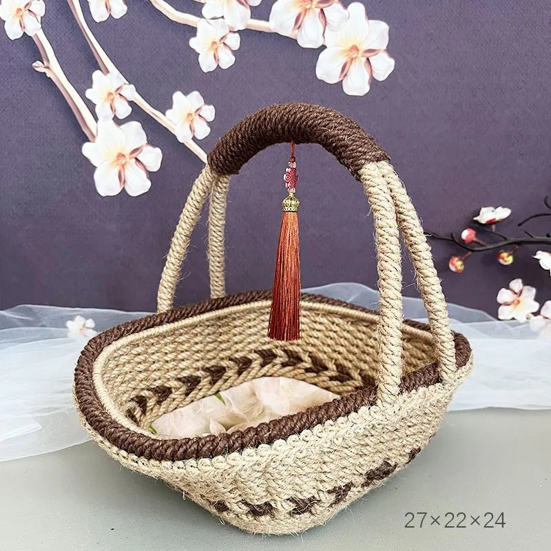 Hand-woven hemp rope basket made from straw material in rustic storage design