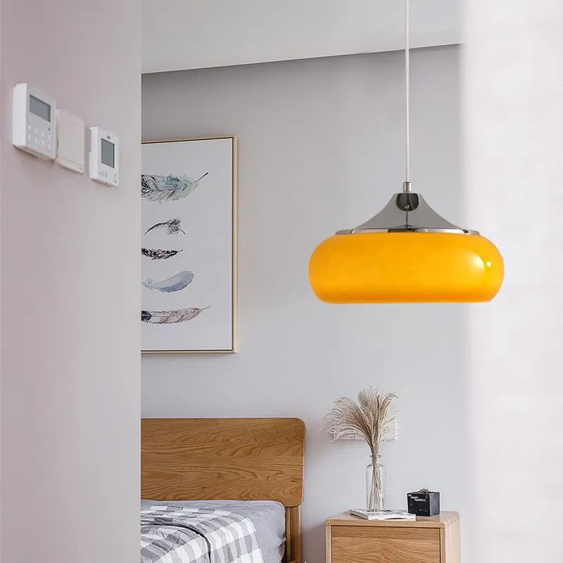 Bauhaus three-headed glass egg tart pendant light in retro style, shown in milk white.