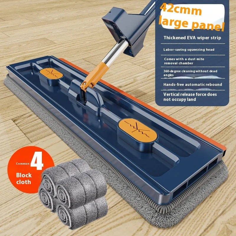 Large flat mop with stainless steel handle and blue rotating mop head on hard floor