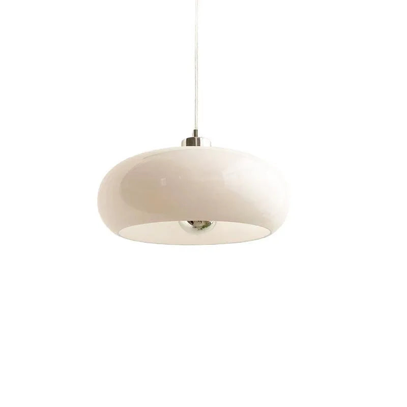 Bauhaus three-headed glass egg tart pendant light in retro style, shown in milk white.