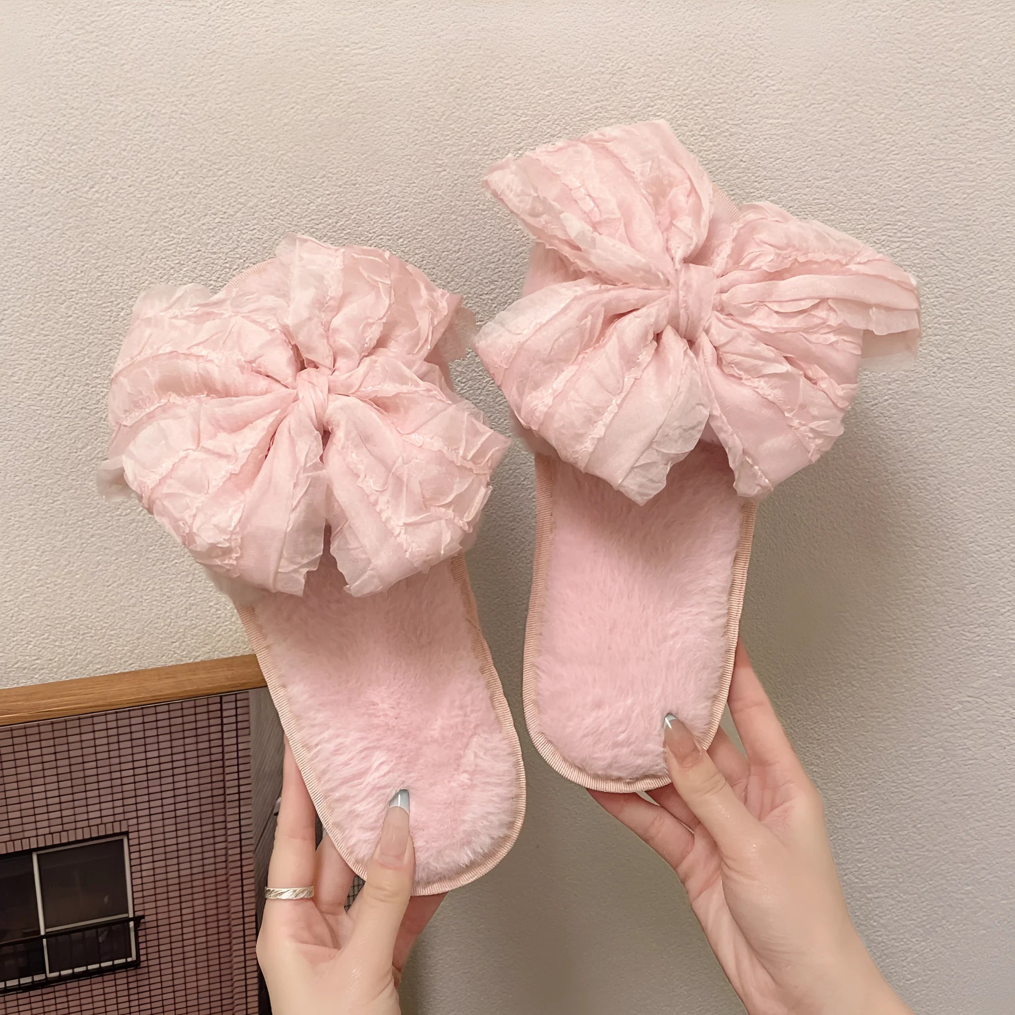 Women's big bow cotton slippers with plush upper and TPR sole, available in pink, white, and green sizes 36-41