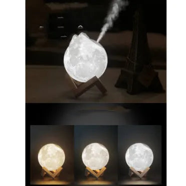 Wood finish lunar humidifier night light showing spherical design with mist output and LED illumination
