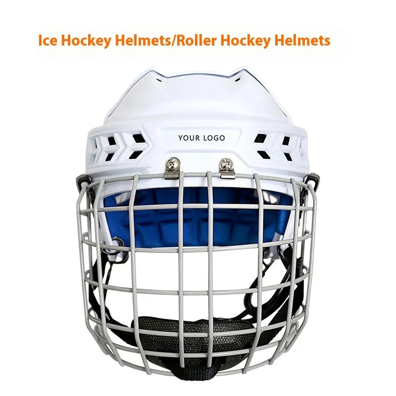 Ice hockey helmet with carbon steel face mask shown in four available sizes: S, M, L, and XL