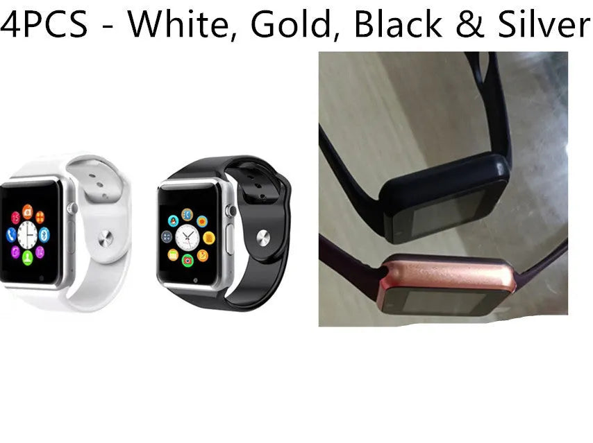 Android smart watch with 1.54-inch screen showing interface, available in black, silver, white, gold, pink, red, green and blue colours.