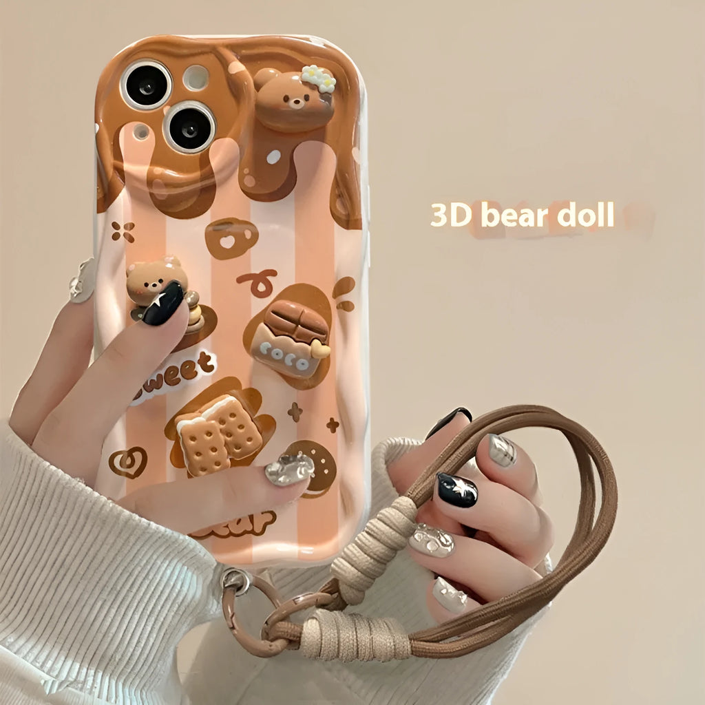 White silicone phone case with chocolate bear doll lanyard for iPhone, cream pattern, anti-fall protection