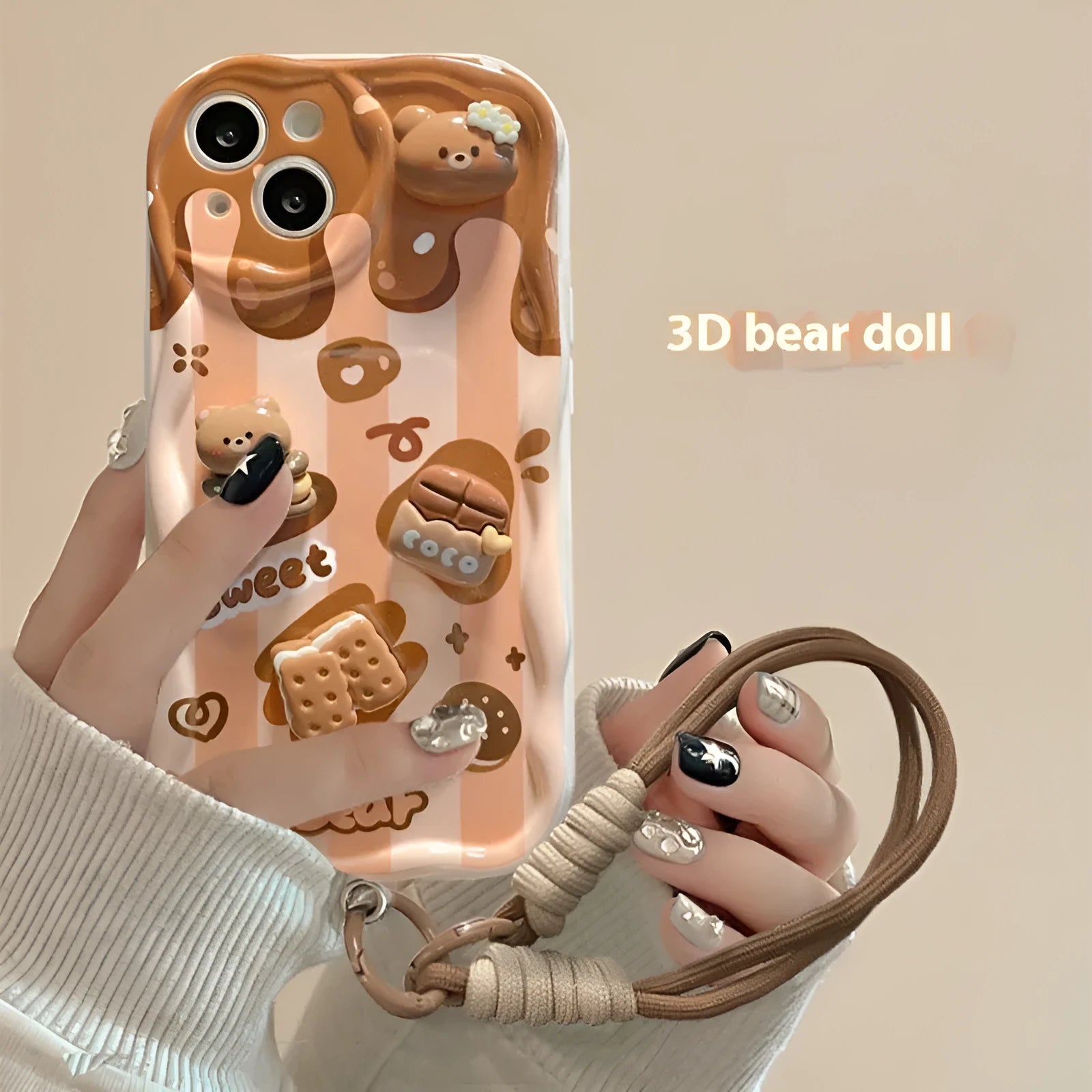 White silicone phone case with chocolate bear doll lanyard for iPhone, cream pattern, anti-fall protection