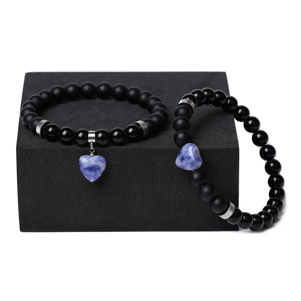 Natural stone couple matching bracelets with geometric heart design in eight colour variations