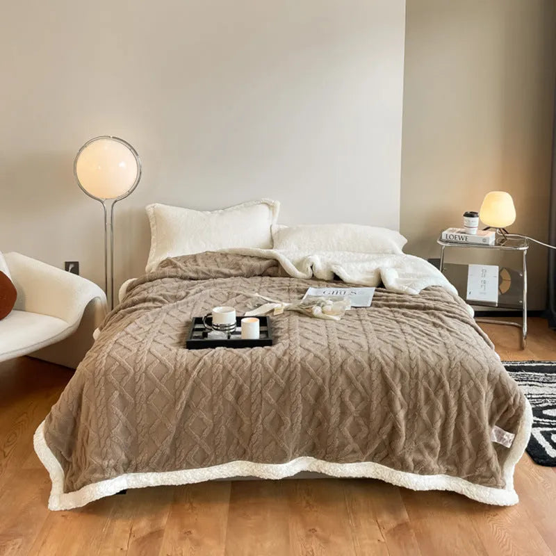 Polyester thermal flannel winter blanket in beige colour, laid flat showing its 180x200cm size and textured fabric.