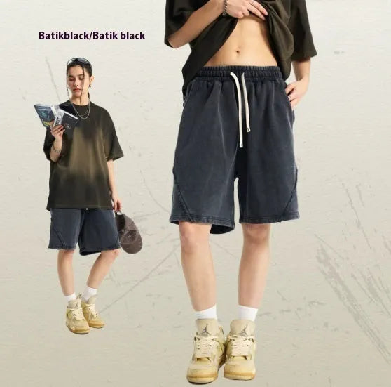 Men's heavy retro shorts in pure cotton terry fabric with batik colour options and loose street fashion style