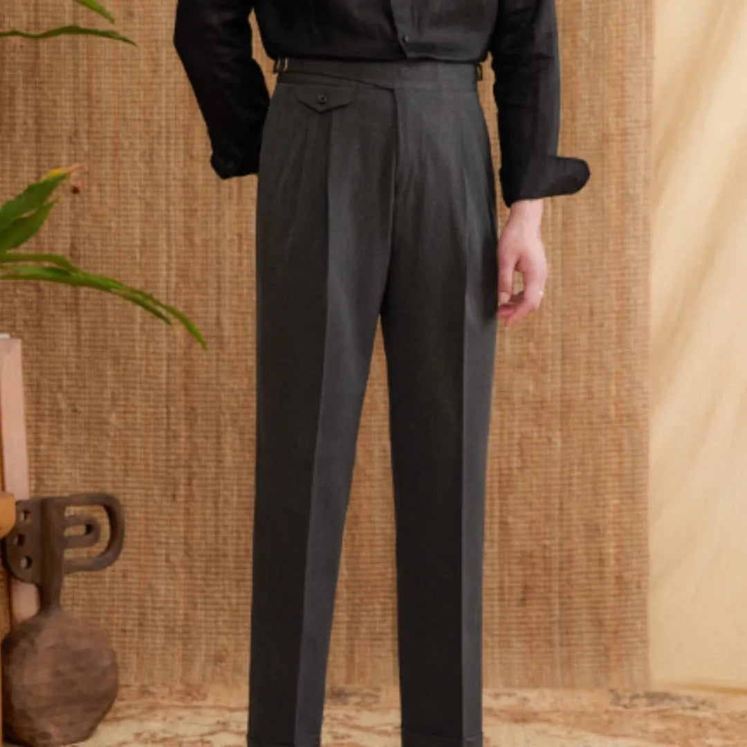 Men's slim fit straight leg business trousers in dark grey, light brown and light apricot colours