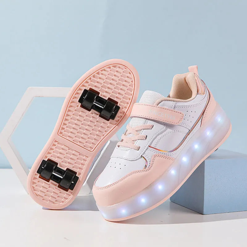 Children's rechargeable roller skates with flashing LED light-up wheels in pink, white, black, and purple colours.