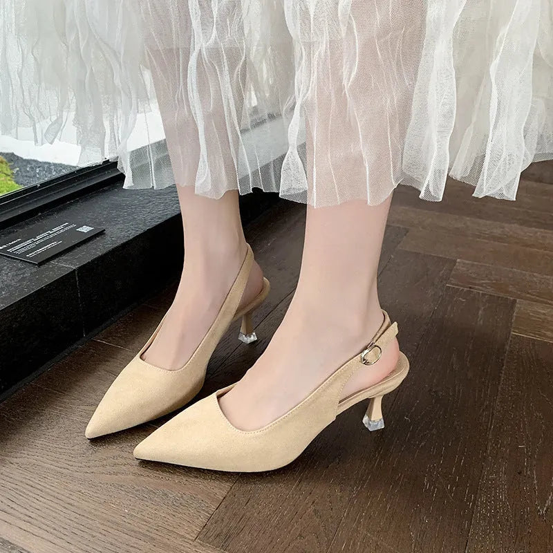 Women's suede stiletto high heels with pointed toe in apricot colour