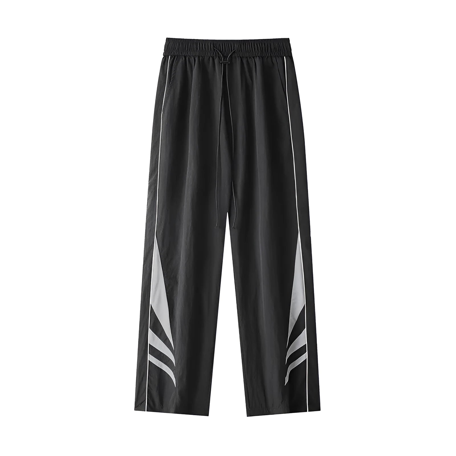 Men's straight leg summer sports trousers in grey, showing loose fit and button fly.