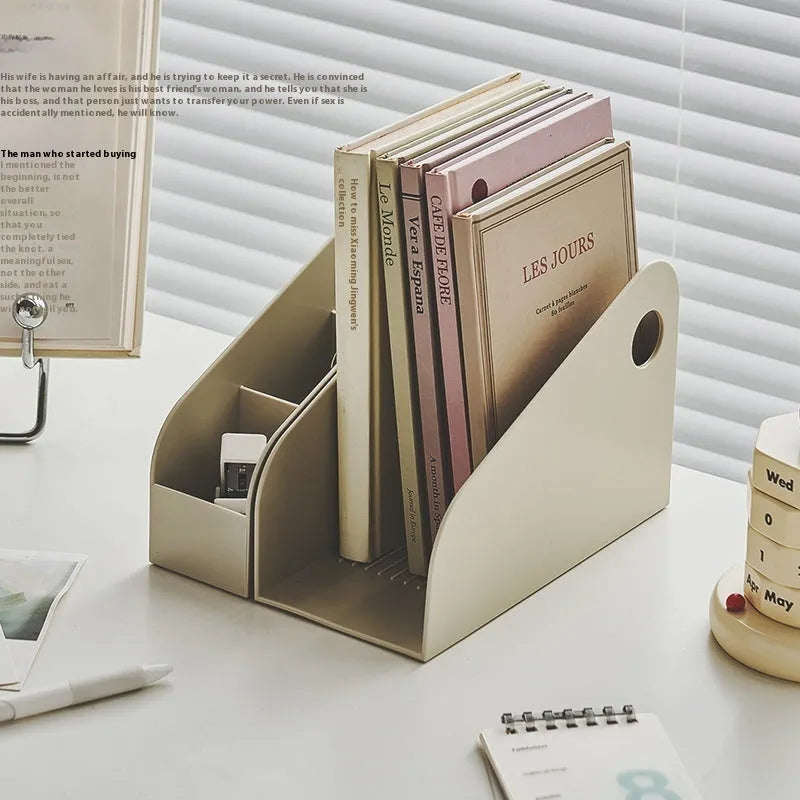 Desktop storage box with two-tier grid compartments in ivory white or milk coffee colour