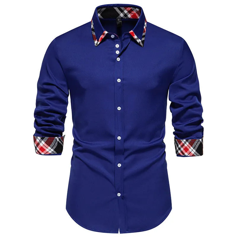 Men's plaid pattern casual shirt with triangle collar and long sleeves in polyester fibre blend fabric