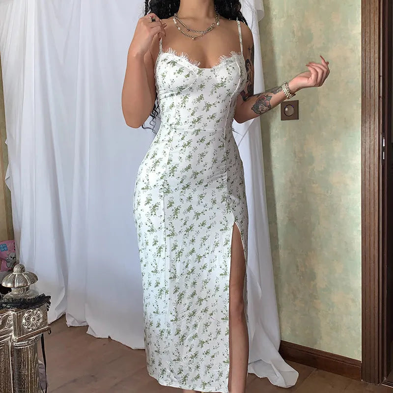 Lace flowers print long dress with front slit and suspender straps in solid colour options