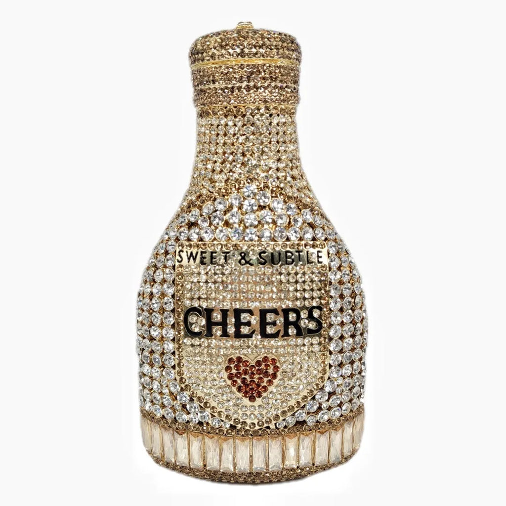 Gold champagne bottle shaped evening clutch bag with rhinestones, measuring 12cm by 7.5cm by 20cm