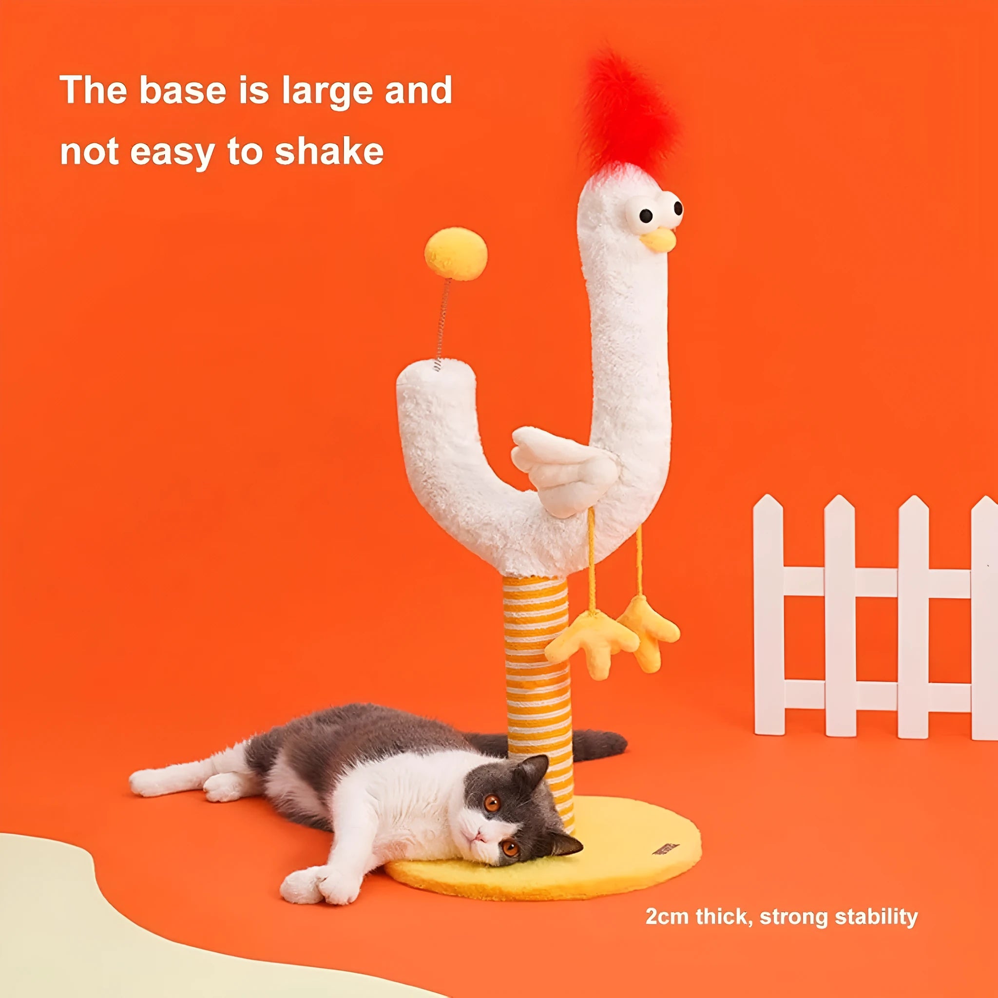 Yellow sisal cat scratching post with U-shaped design, spring ball toy, and solid wood construction