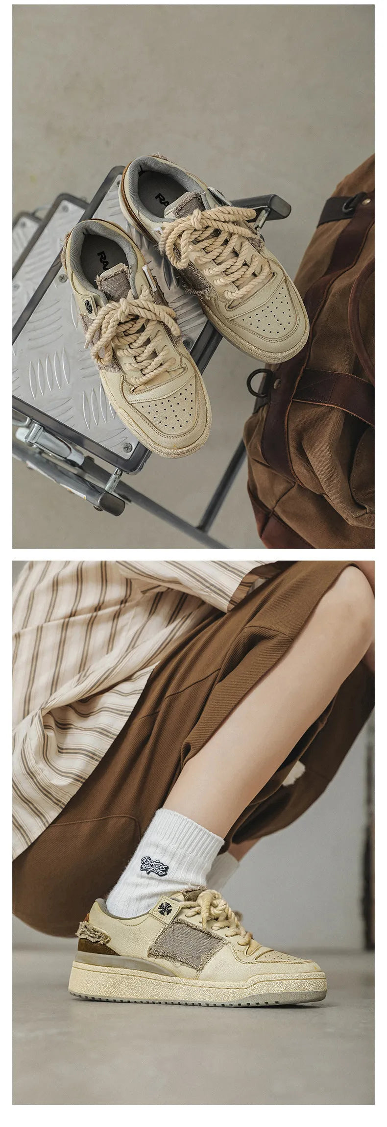 Beige microfiber skateboard shoes with flat rubber sole and lace-up closure