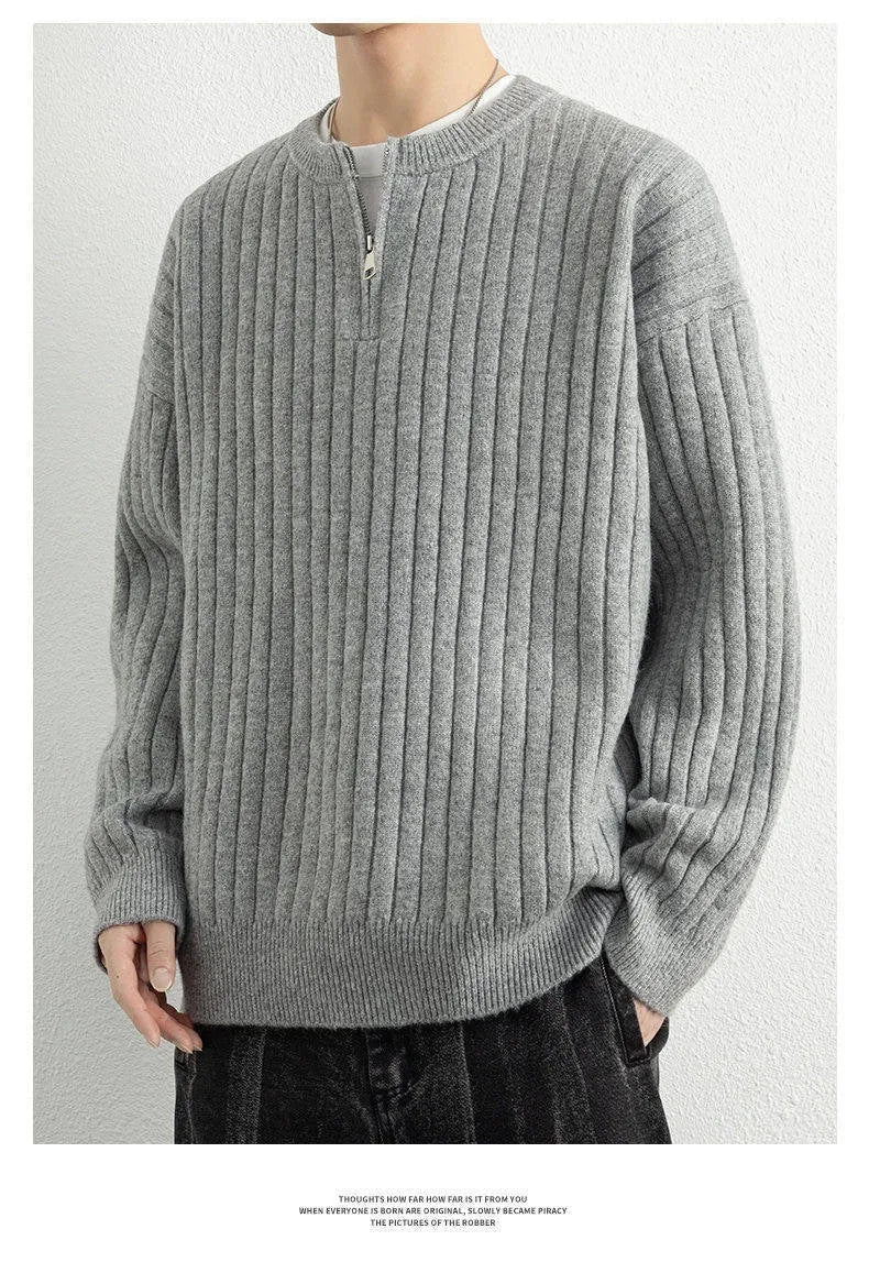 Men's grey textured half zip sweater pullover with loose fit design