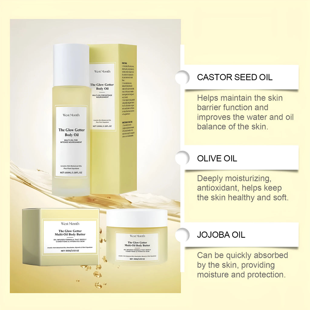 Body care kit with 100ml skincare oil bottle and 100g moisturising cream jar for nourishing and firming skincare