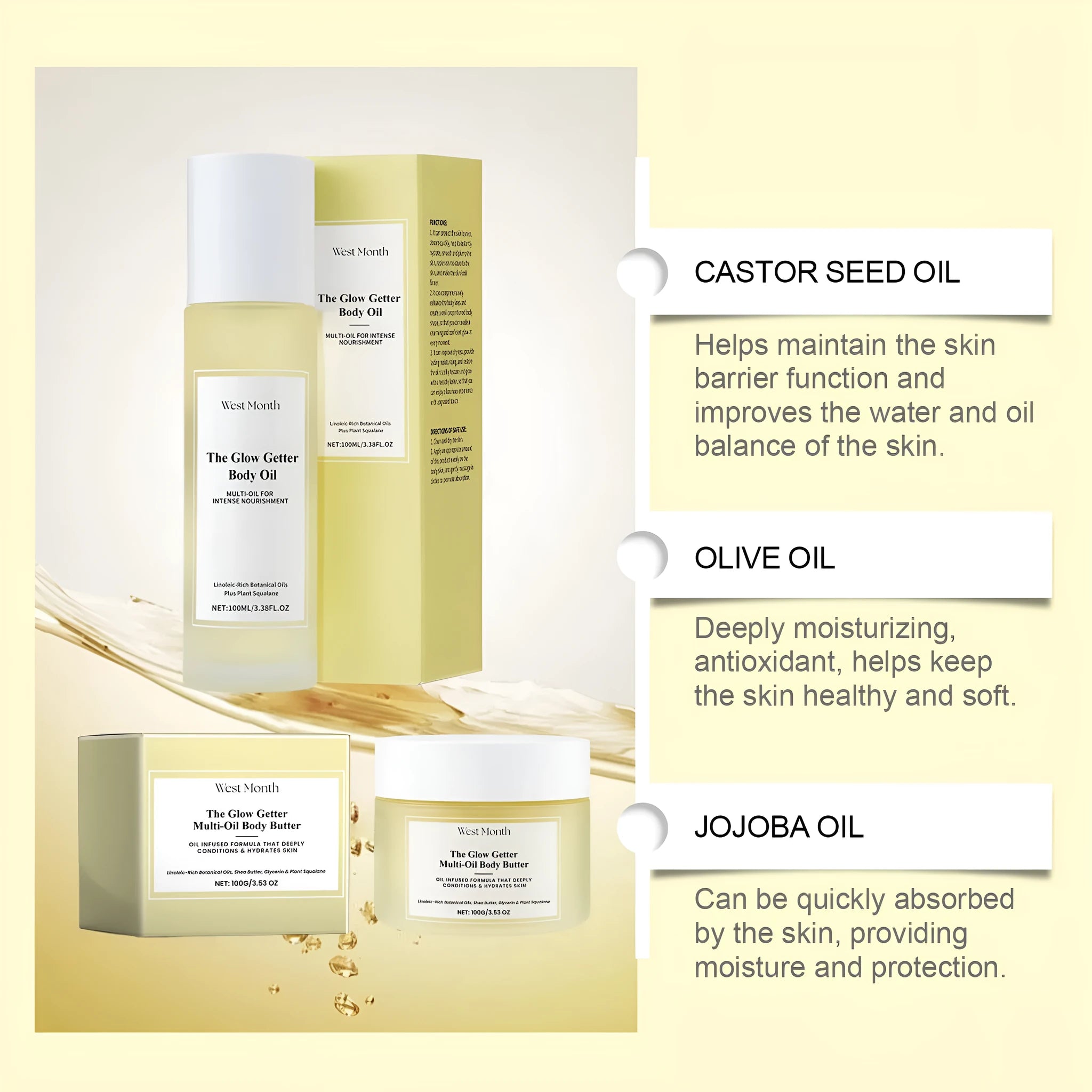 Body care kit with 100ml skincare oil bottle and 100g moisturising cream jar for nourishing and firming skincare