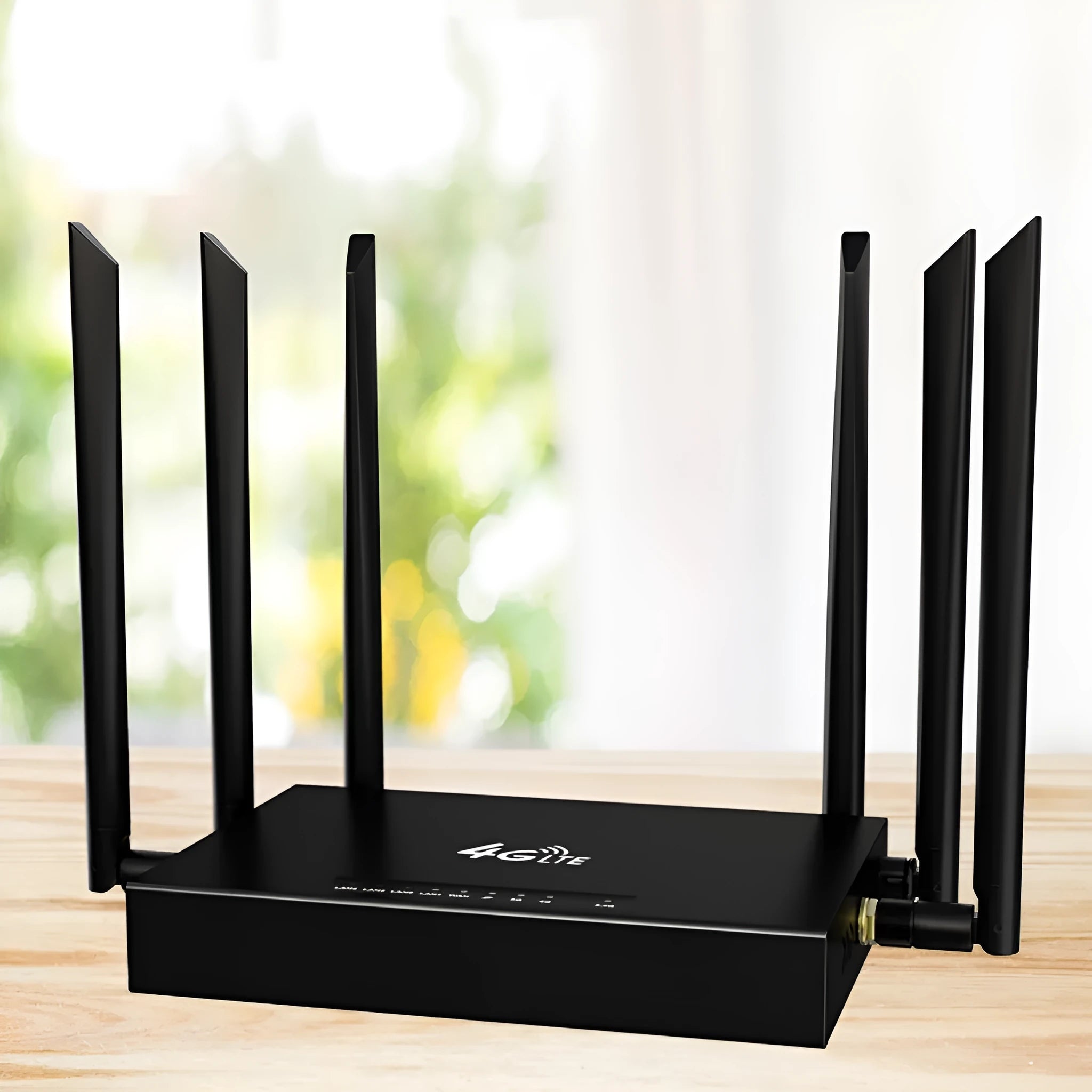 Industrial iron box 4G router with DC power port and optional sucker antennas on a grey background.