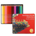 Metal tin open to show 24 water-soluble coloured pencils with brush tips.