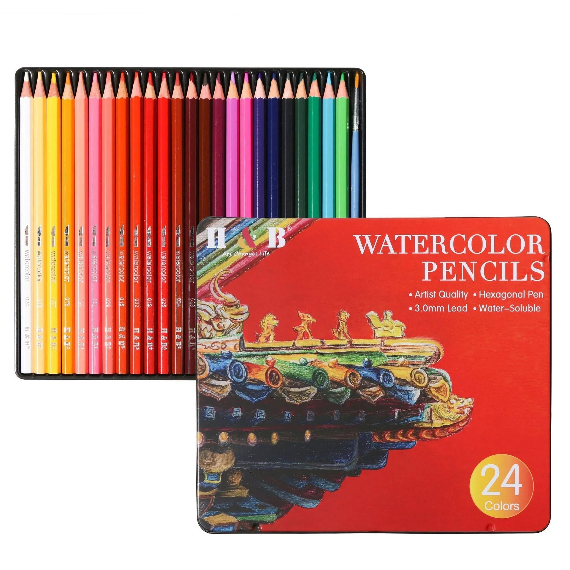 Metal tin open to show 24 water-soluble coloured pencils with brush tips.