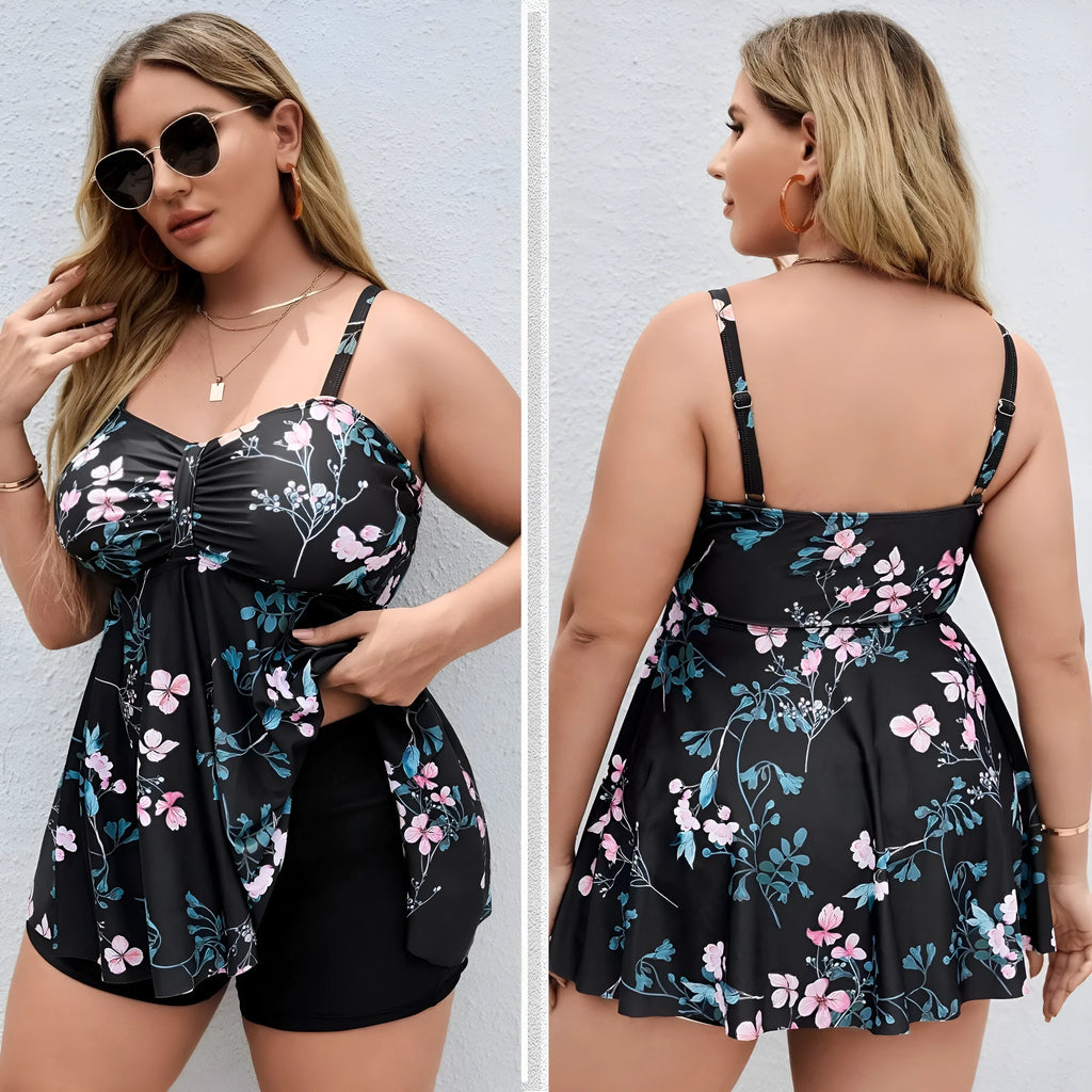 Women's floral print one-piece swimsuit showing split colour design and high elasticity fabric