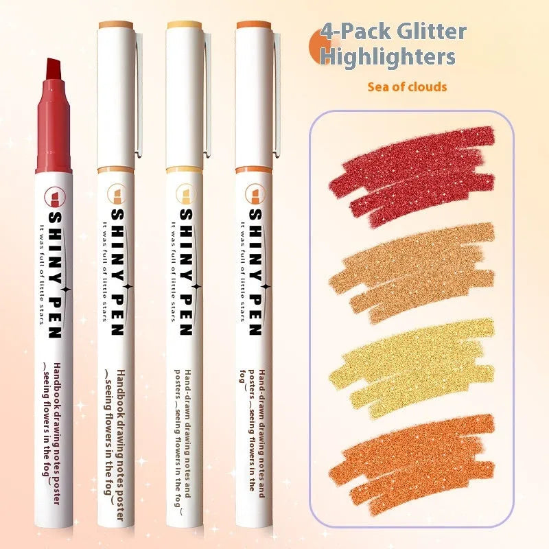 Sparkling Star River set of four glitter highlighter pens in assorted pastel colours with slanted tips.