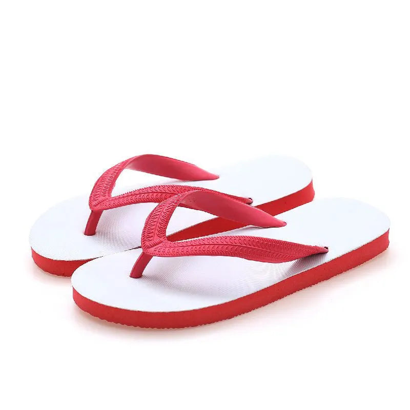 Fish label rubber beach flip-flops in green, red, blue, or black, showing non-slip sole.