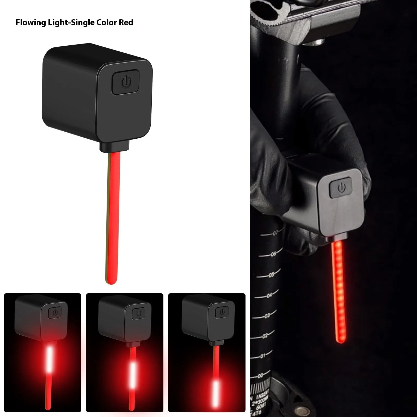 Plug-in bicycle safety taillight with running water LED flashing sequence mounted on a bike seat tube.