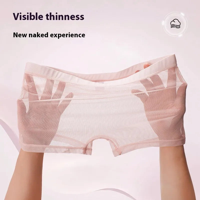 Men's thin sheer mesh boxer briefs in low-waist design, shown in multiple colours.