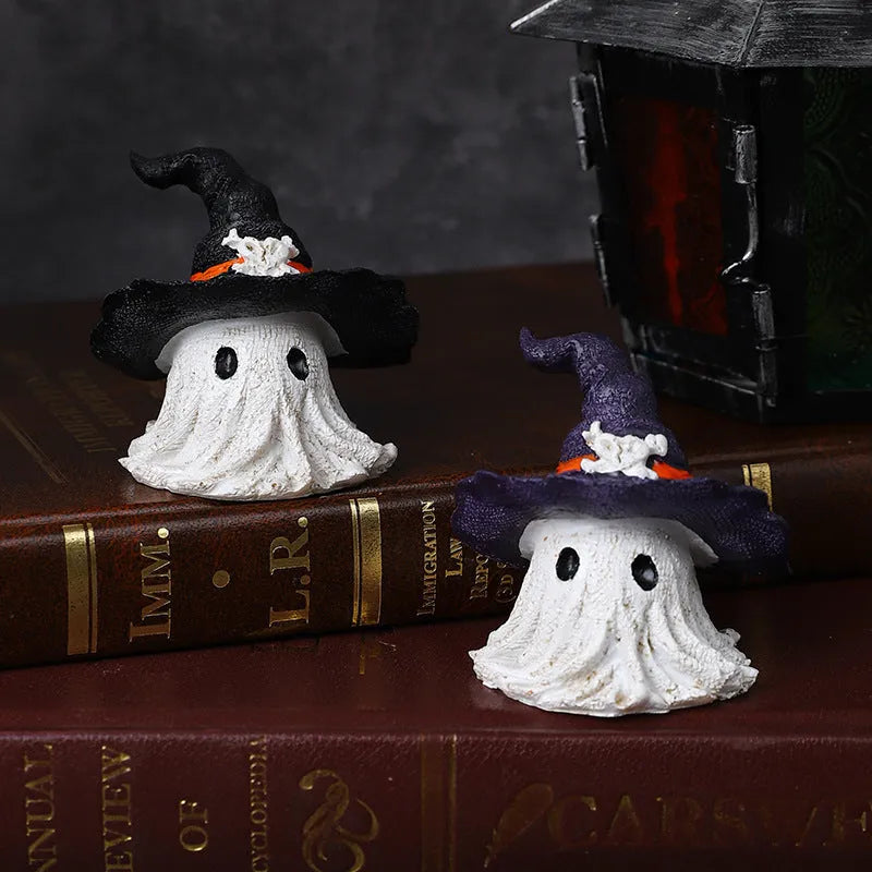 Purple and black resin wizard hat ghost ornaments for Halloween and Christmas seasonal displays