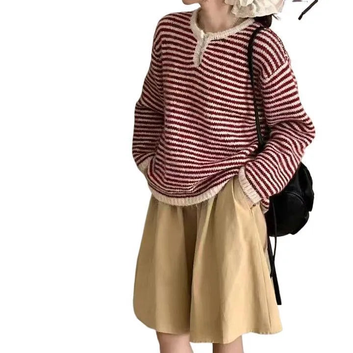 Women's blue stripe cashmere pullover sweater with loose retro style