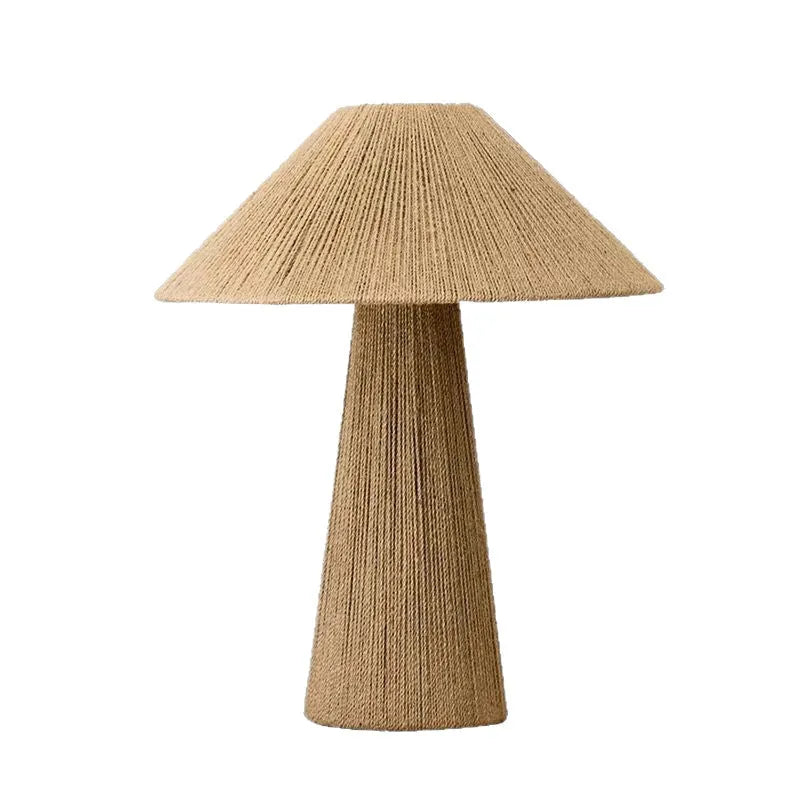 Japanese-style hand-woven rope table lamp with bamboo hat shade, 38cm diameter, tri colour dimmable