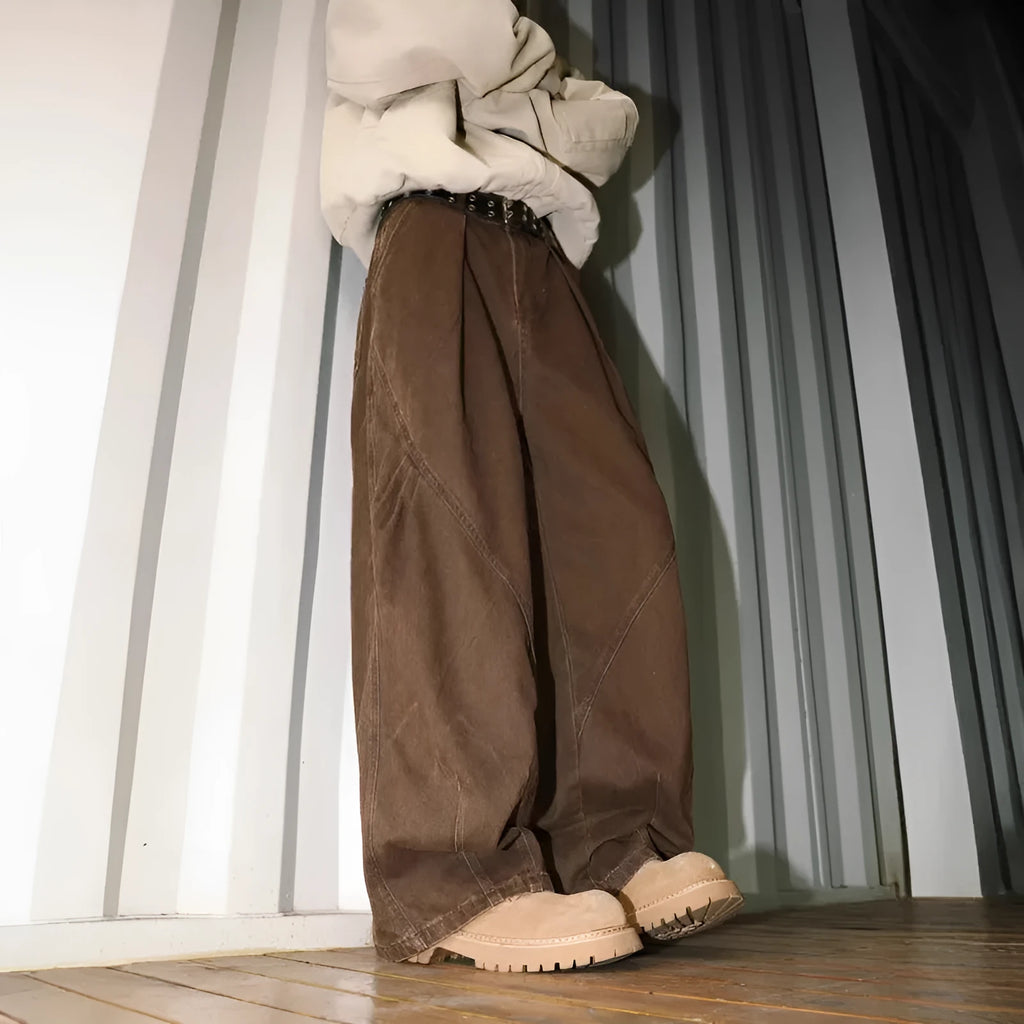 Men's pleated straight trousers with elastic waistband in black brown apricot colours