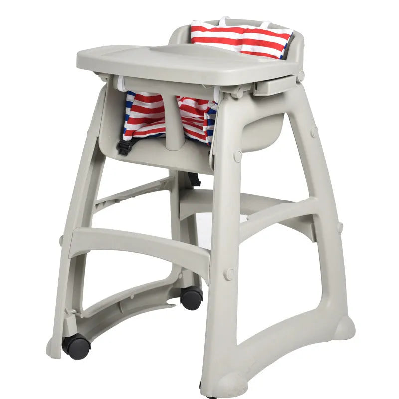 Baby dining chair with black softcover, dinner plate, seat cushion, and pulley set