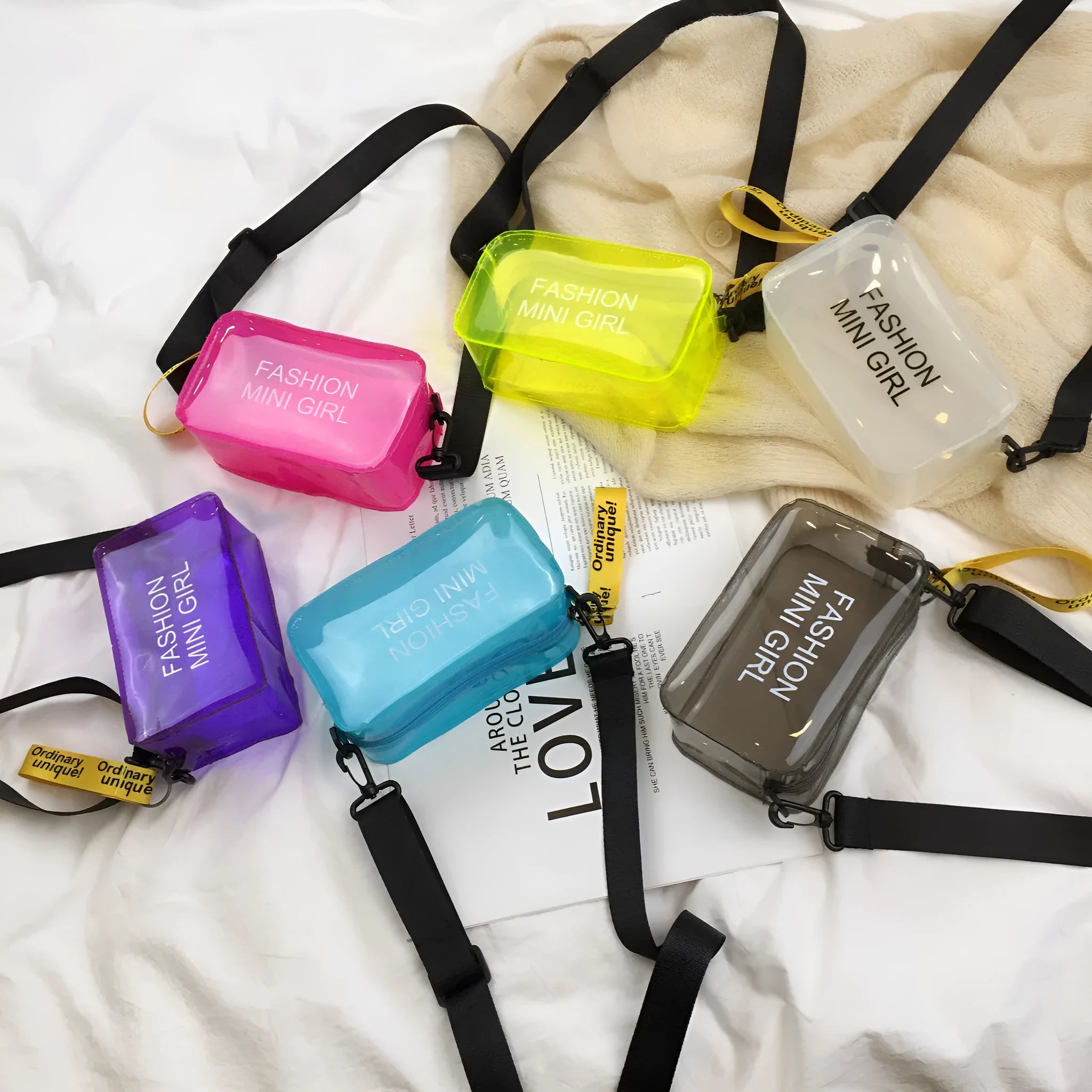 Transparent square jelly shoulder bag with single diagonal cross strap in various colour options