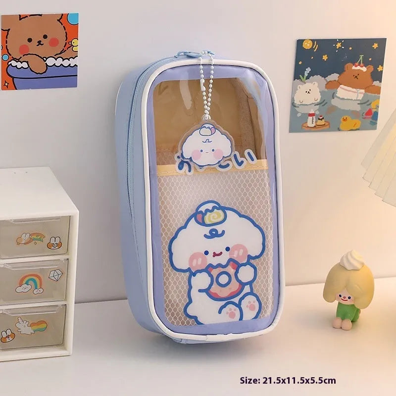 Large transparent PVC pencil case with cartoon bear, rabbit, and dog designs for student stationery.