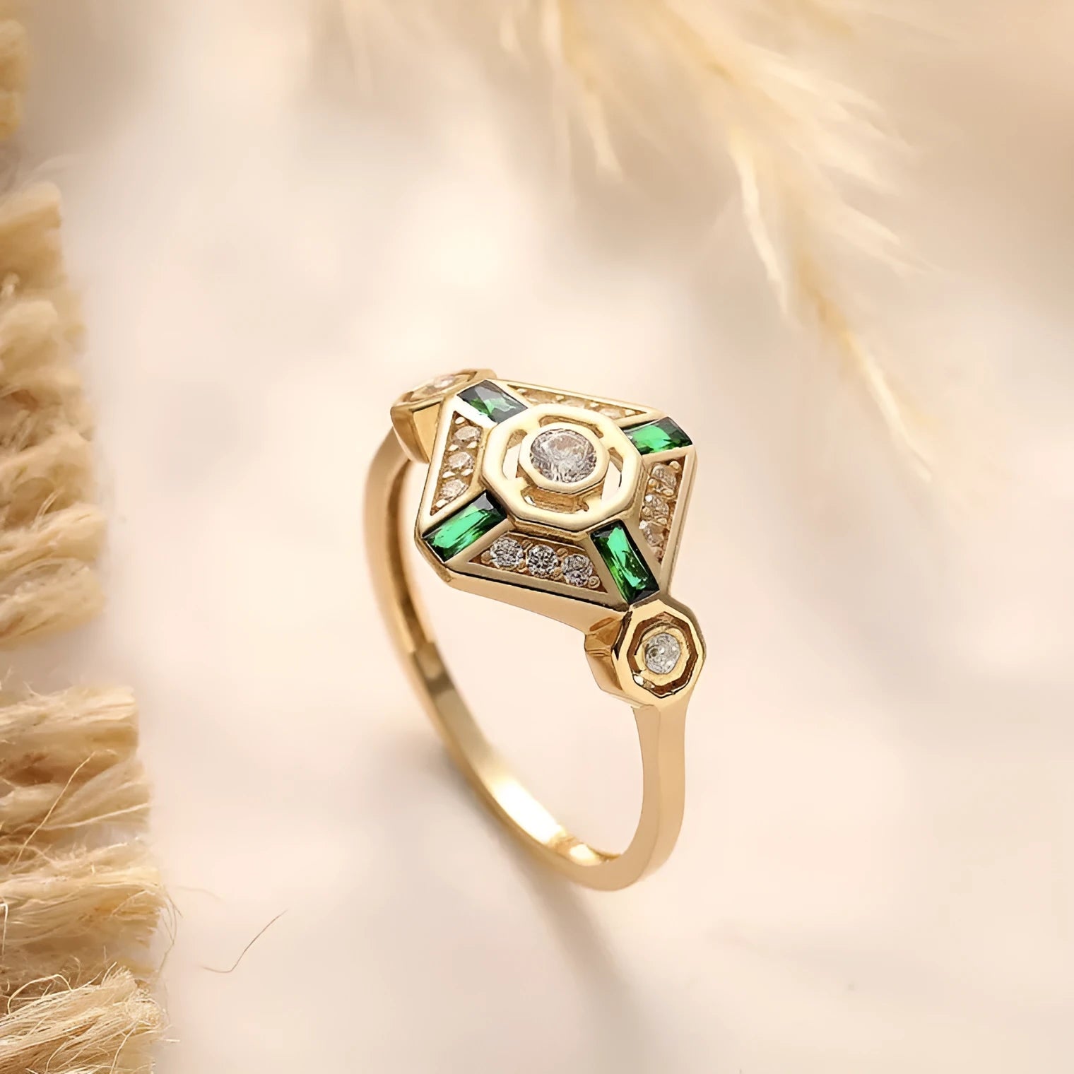 Square-cut emerald green Ins style ring for women on a silver band.