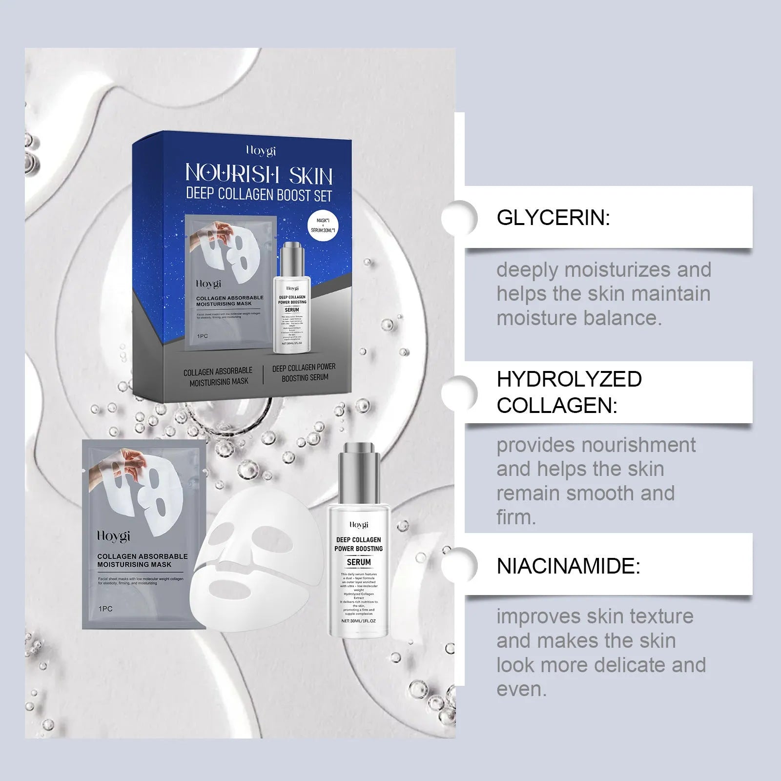 Collagen moisturising suit skincare set showing facial mask and 30ml essence bottle