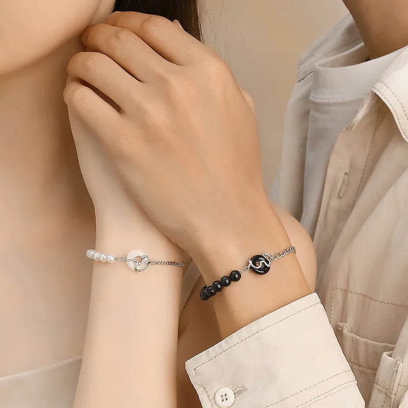 925 sterling silver couple bracelet with Chinese zodiac snake design and obsidian pearls