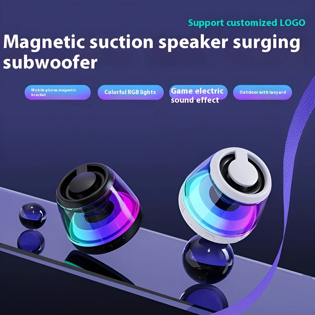 Portable wireless Bluetooth mini speaker with LED lights and magnetic back in black or white