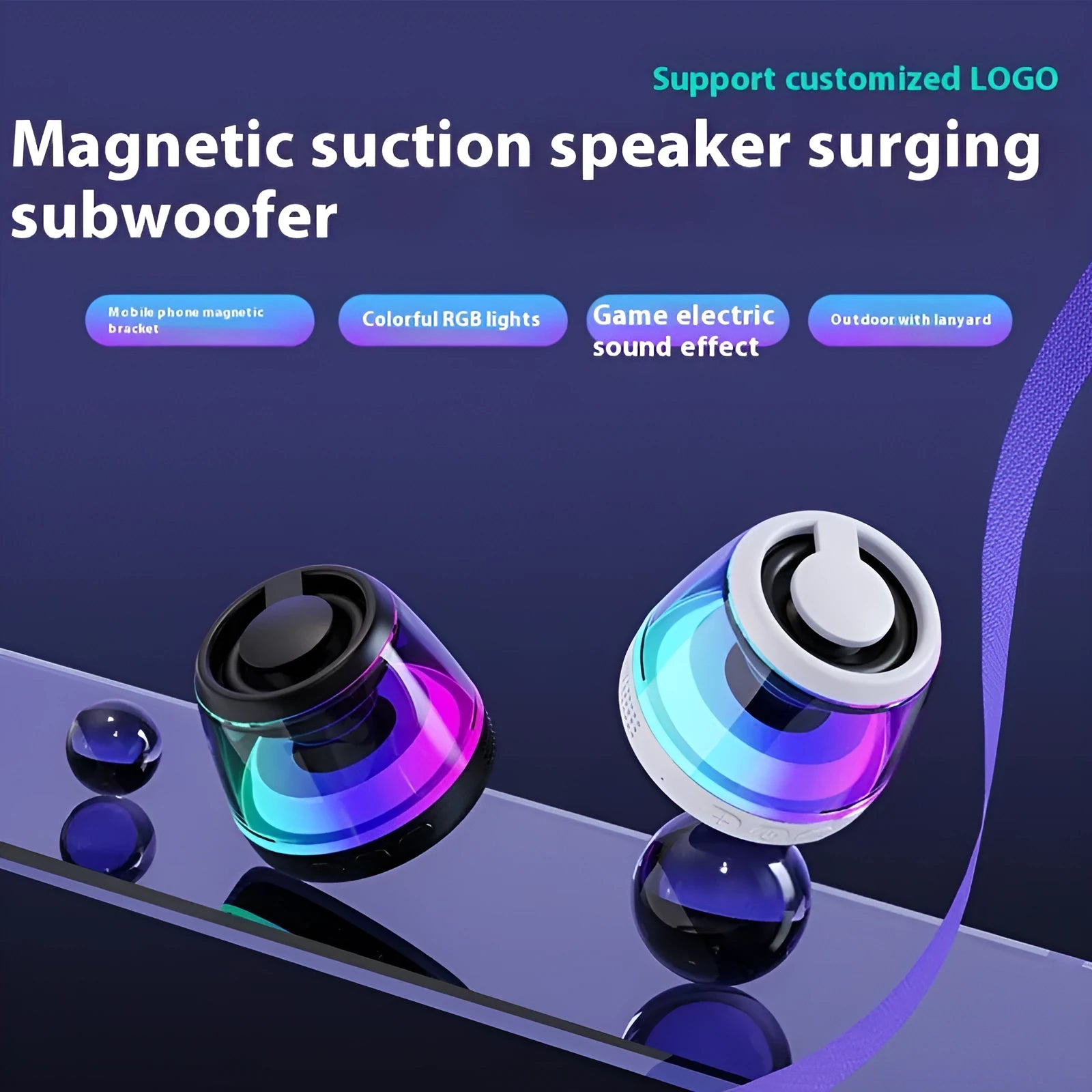 Portable wireless Bluetooth mini speaker with LED lights and magnetic back in black or white