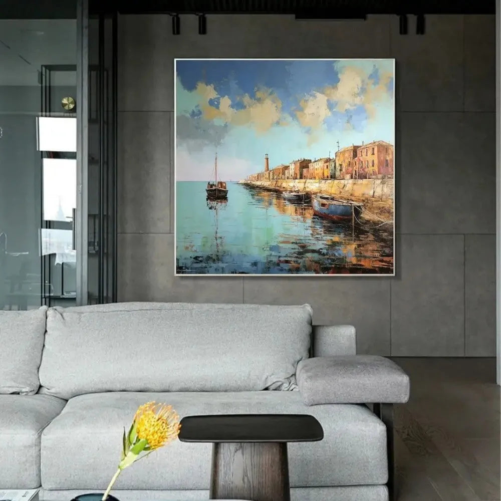 Hand painted abstract pier and boat landscape oil painting on square canvas