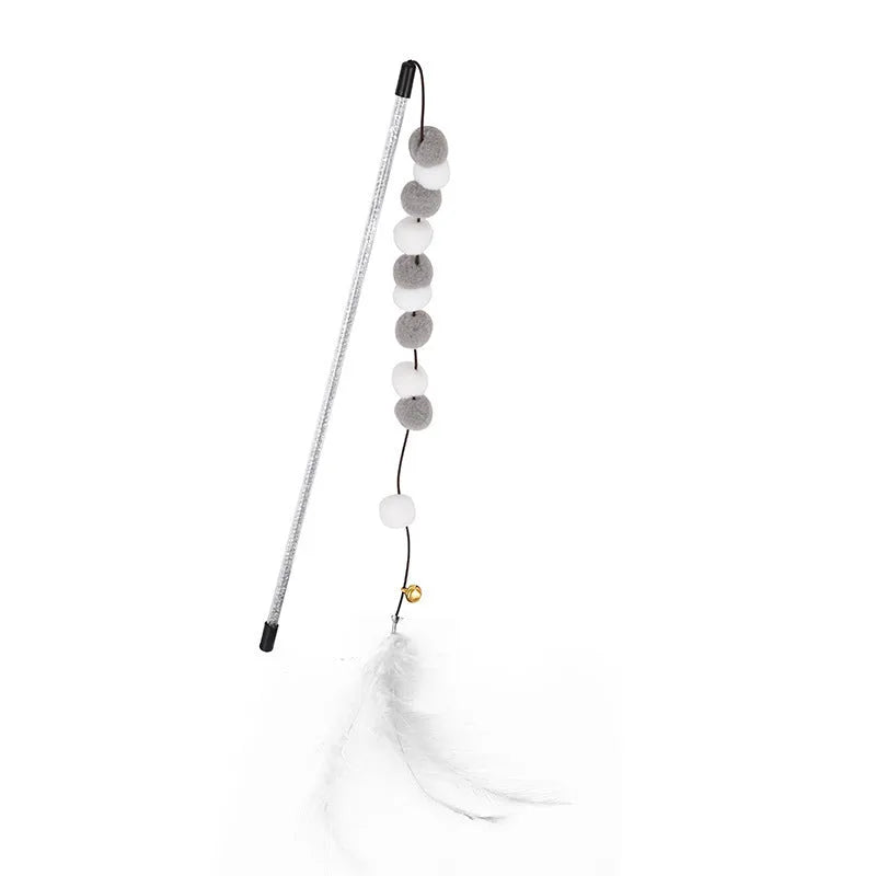 31cm long cat teaser interactive toy rod with feather, pompon, and bell attachments
