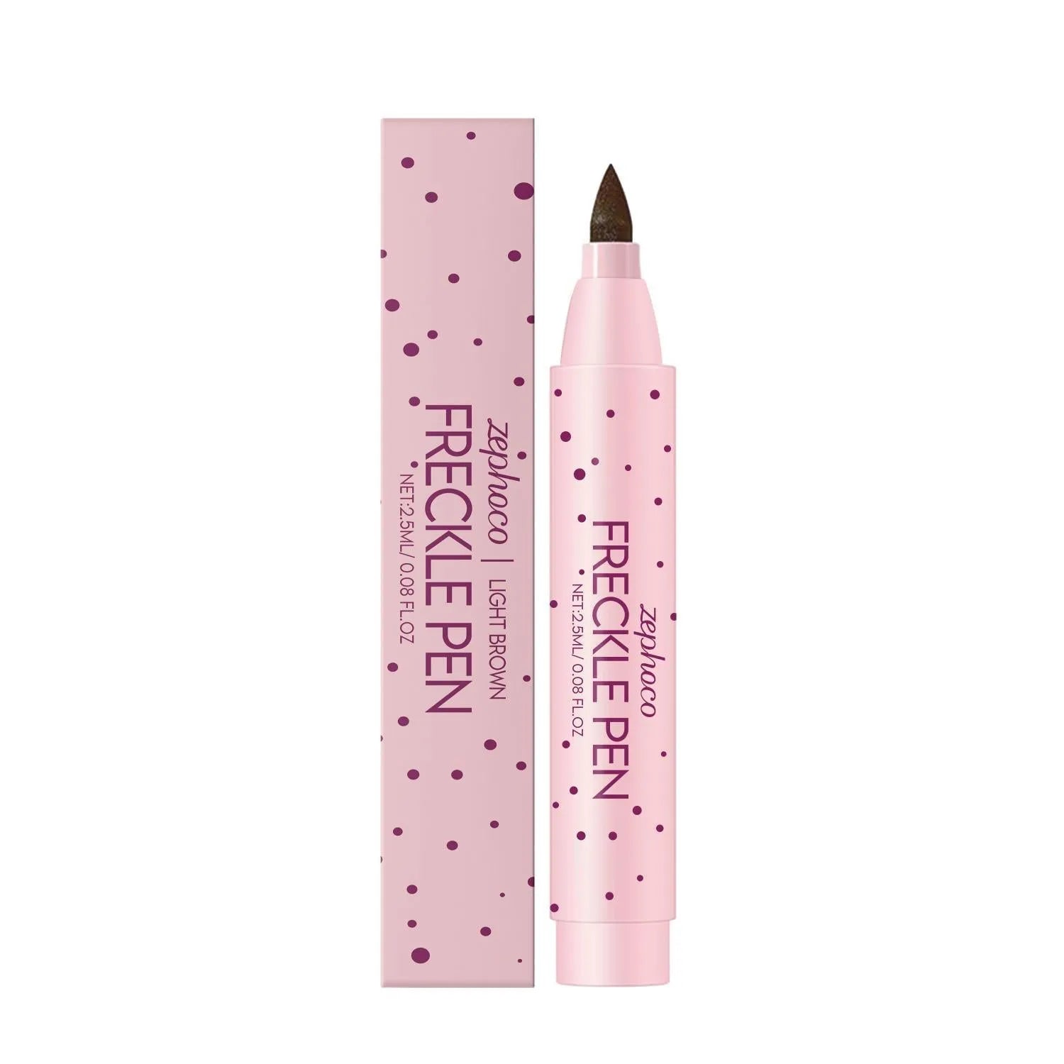 A freckle pen cosmetic tool showing dark brown and light brown colour options.